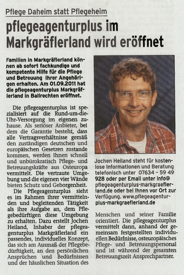 Zeitungsartikel über 24h-Betreuung für Senioren von Jochen Heiland