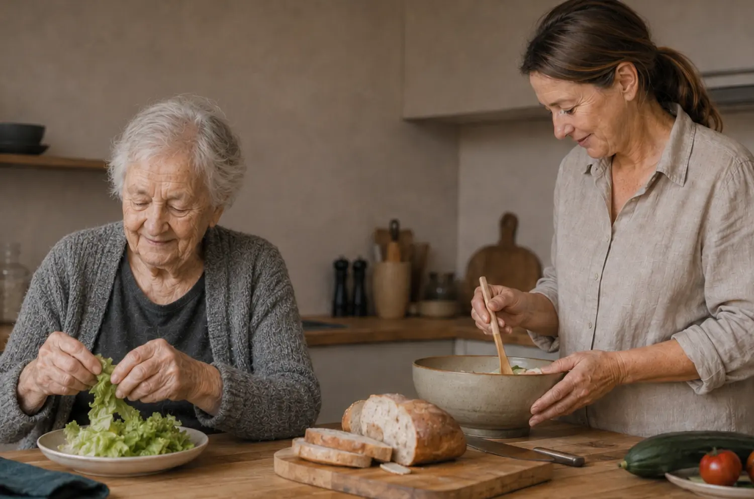 Ältere Frau bereitet gemeinsam mit einer Betreuungskraft einen Salat in der Küche zu.