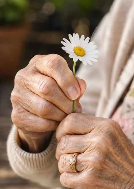 Ältere Frau hält eine blühende Blume mit beiden händen