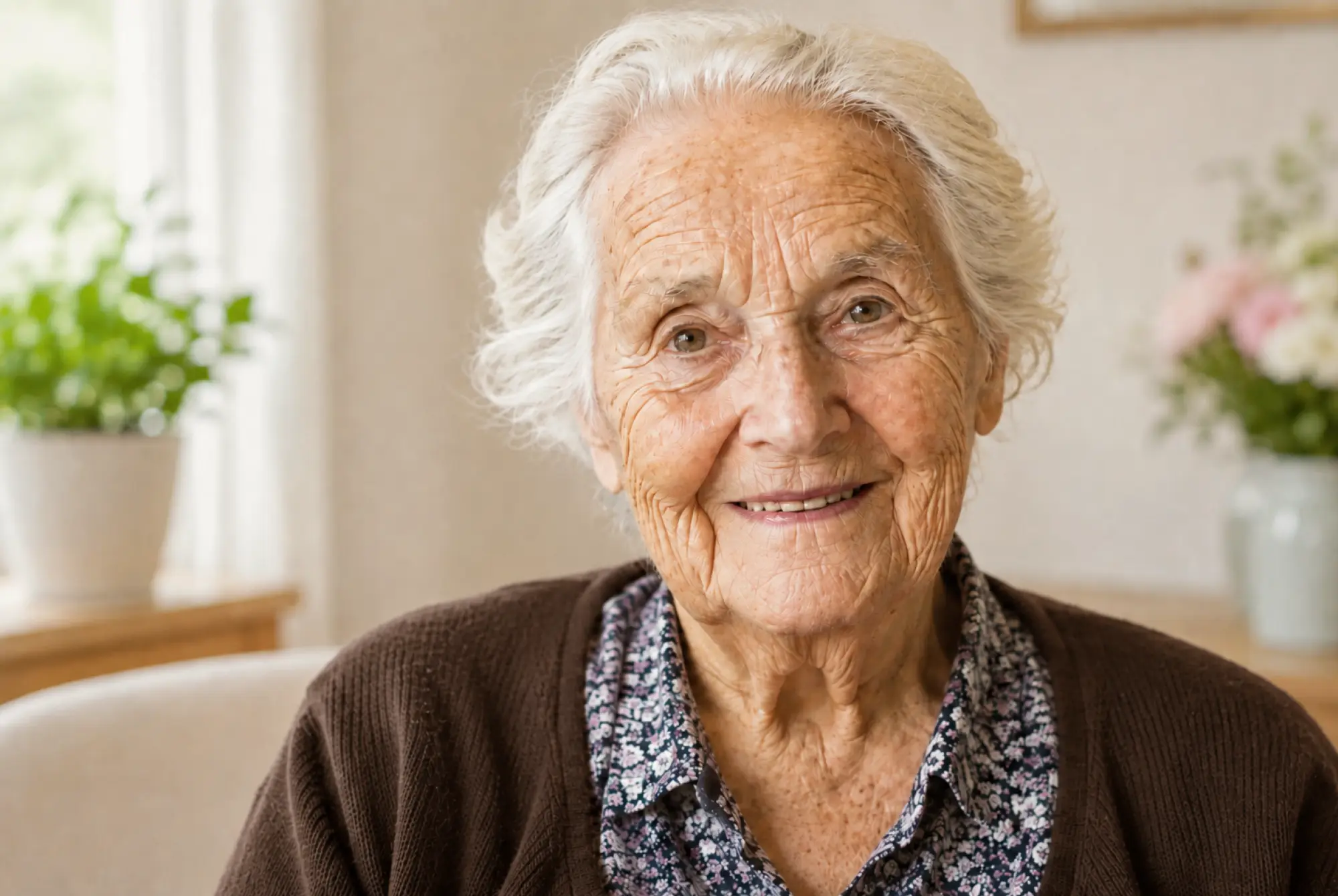 Porträt einer lächelnden älteren Frau in einem hellen Raum