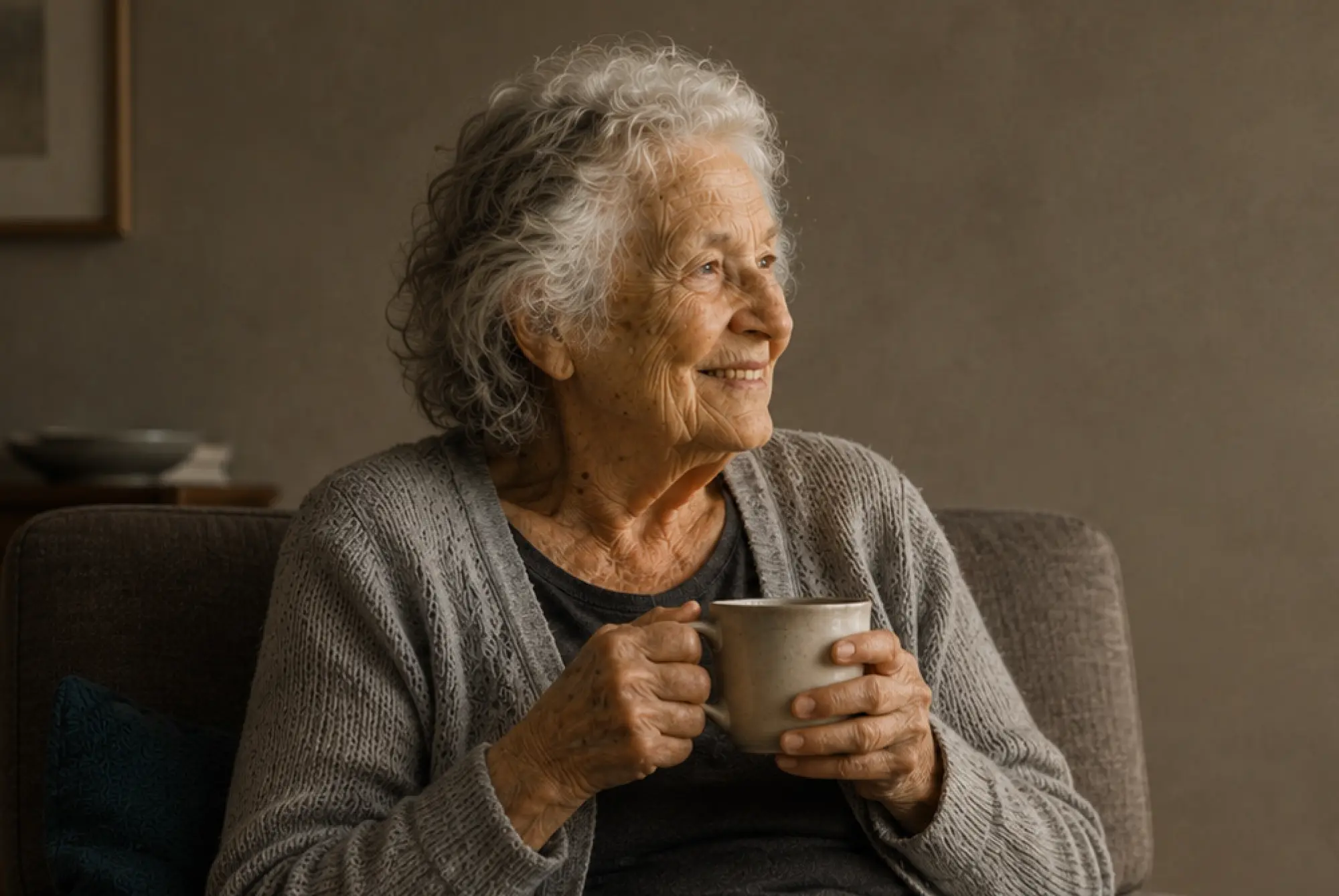 Ältere Frau mit einer Tasse in der Hand in einem dunklen Raum bei einer 24-Stunden Betreuung