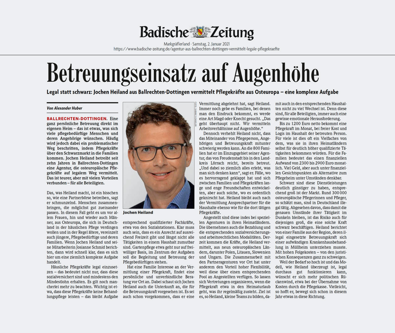 Zeitungsartikel über Betreuungskräfte aus Osteuropa in Ballrechten-Dottingen veröffentlicht von der Badischen Zeitung