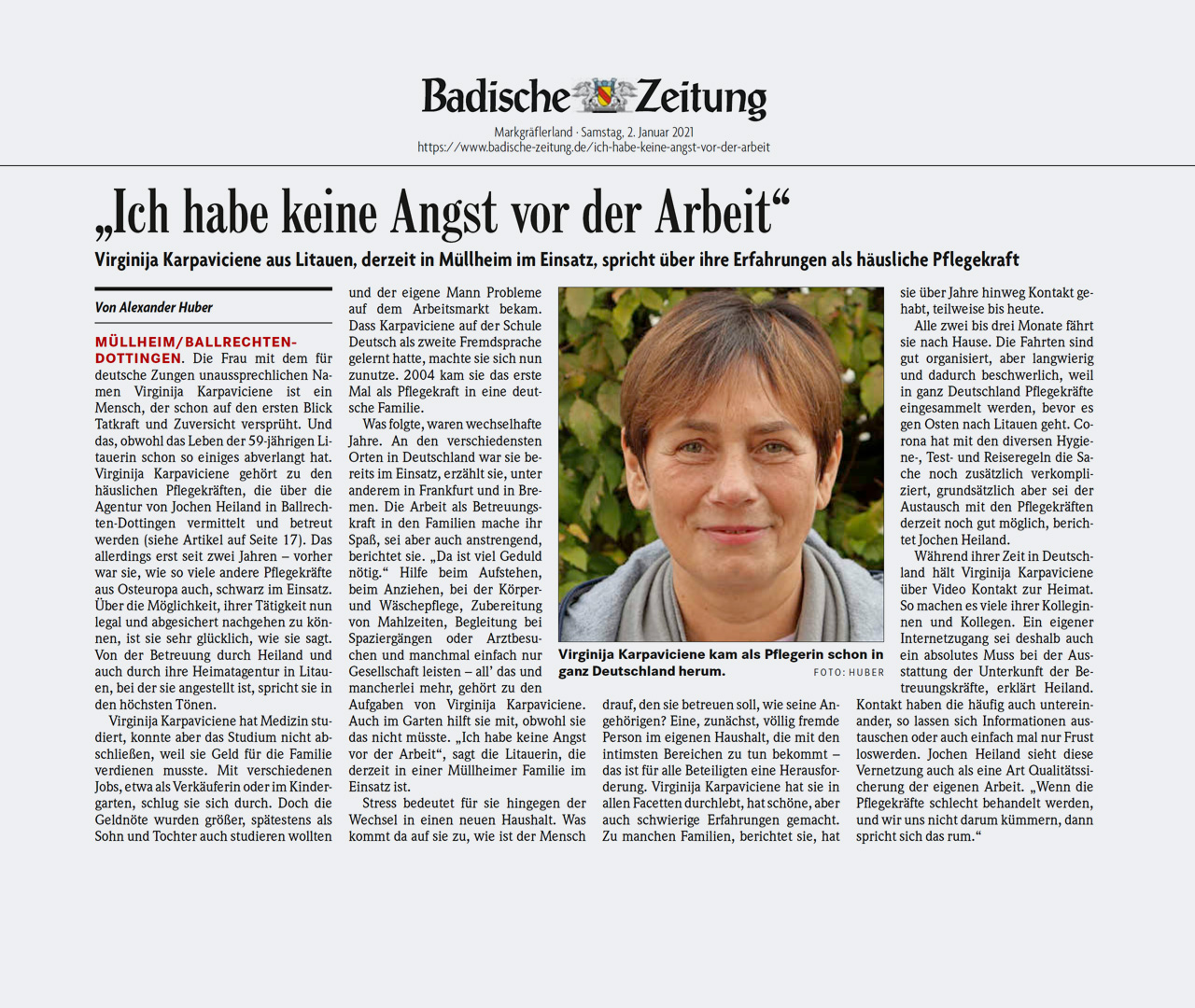 Zeitungsartikel über häusliche Betreuungskräfte für Senioren veröffentlicht von der Badischen Zeitung