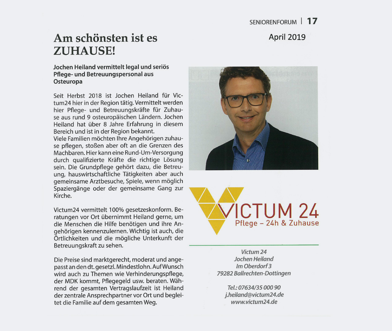 Magazinartikel über 24h-Betreuung und Betreuungskräften für Senioren, veröffentlicht im Seniorenforum 2019